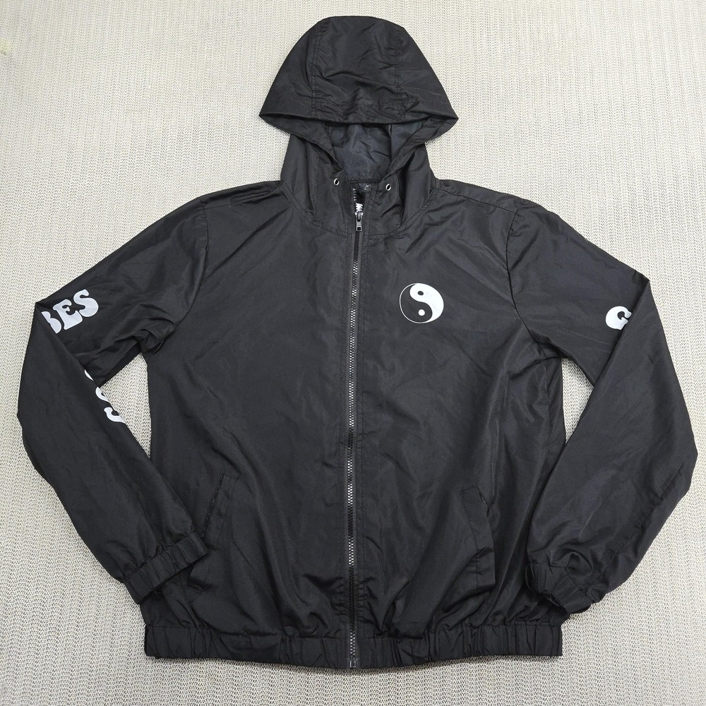 Good Vibes Yin Yang Jacket Mens Large Black Hooded Windbreaker Full Zip Graphic